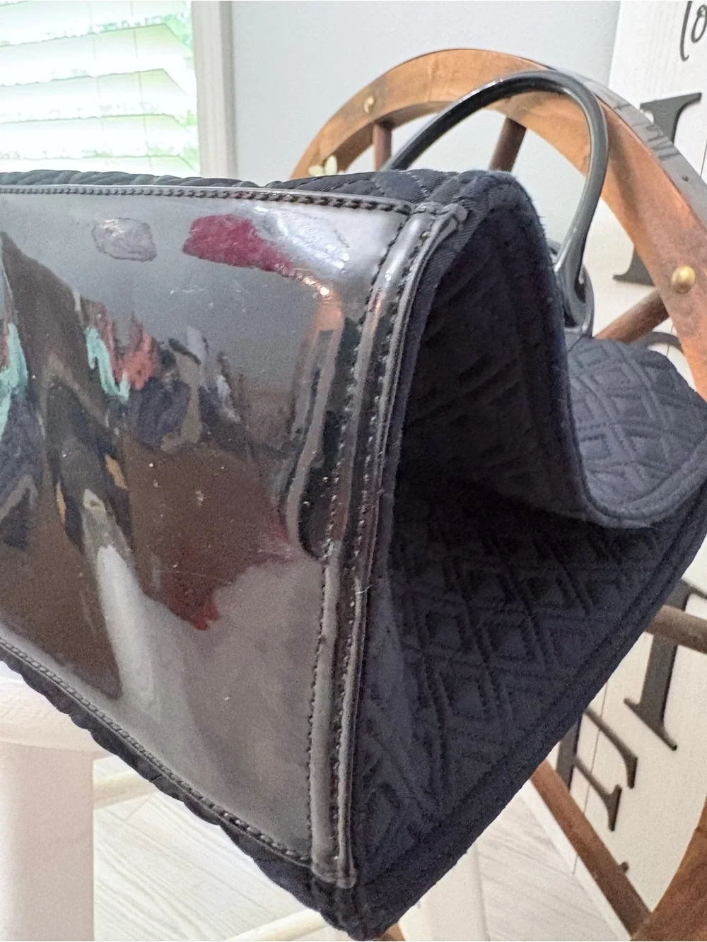 TORY BURCH Black Quilted Satchel Tote with side buttons